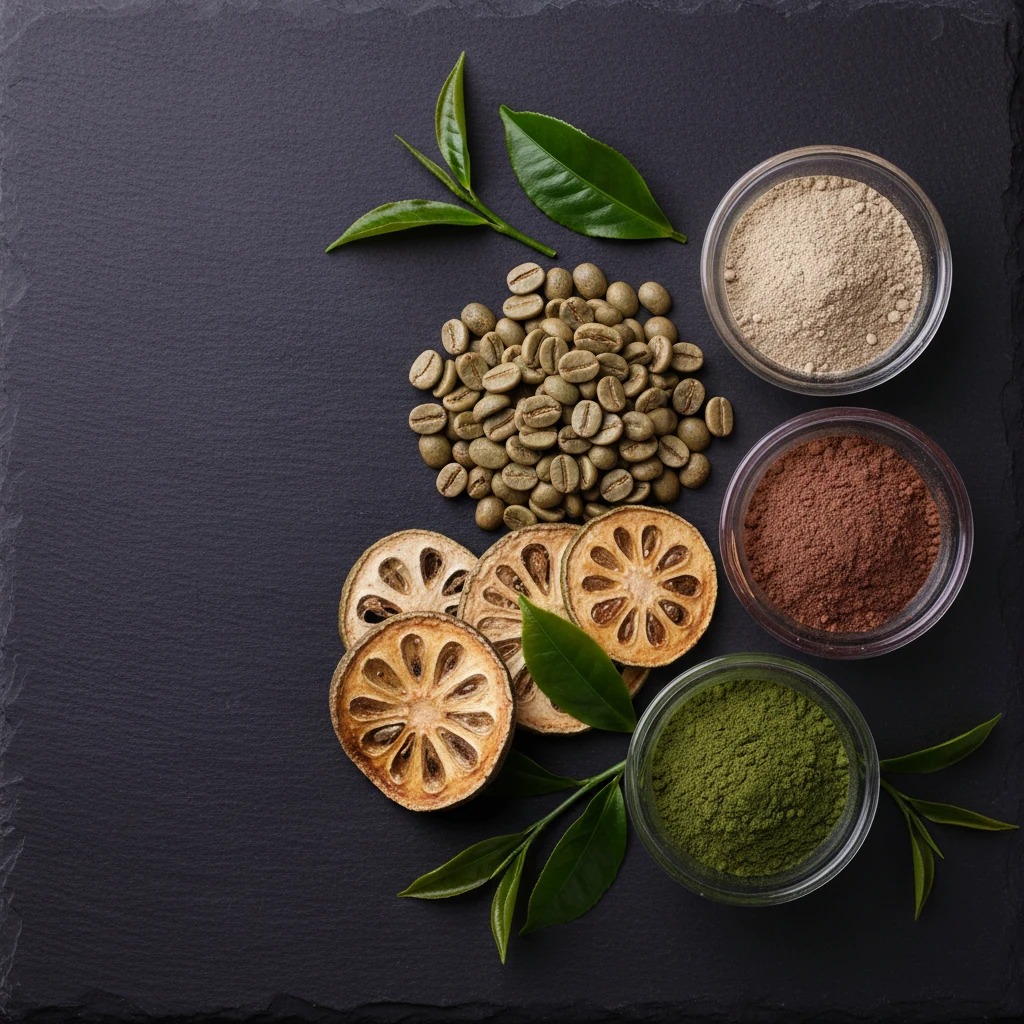Green coffee beans, garcinia cambogia fruit, green tea leaves and extract powders on dark slate - natural botanical ingredients in Slim Coffee Booster