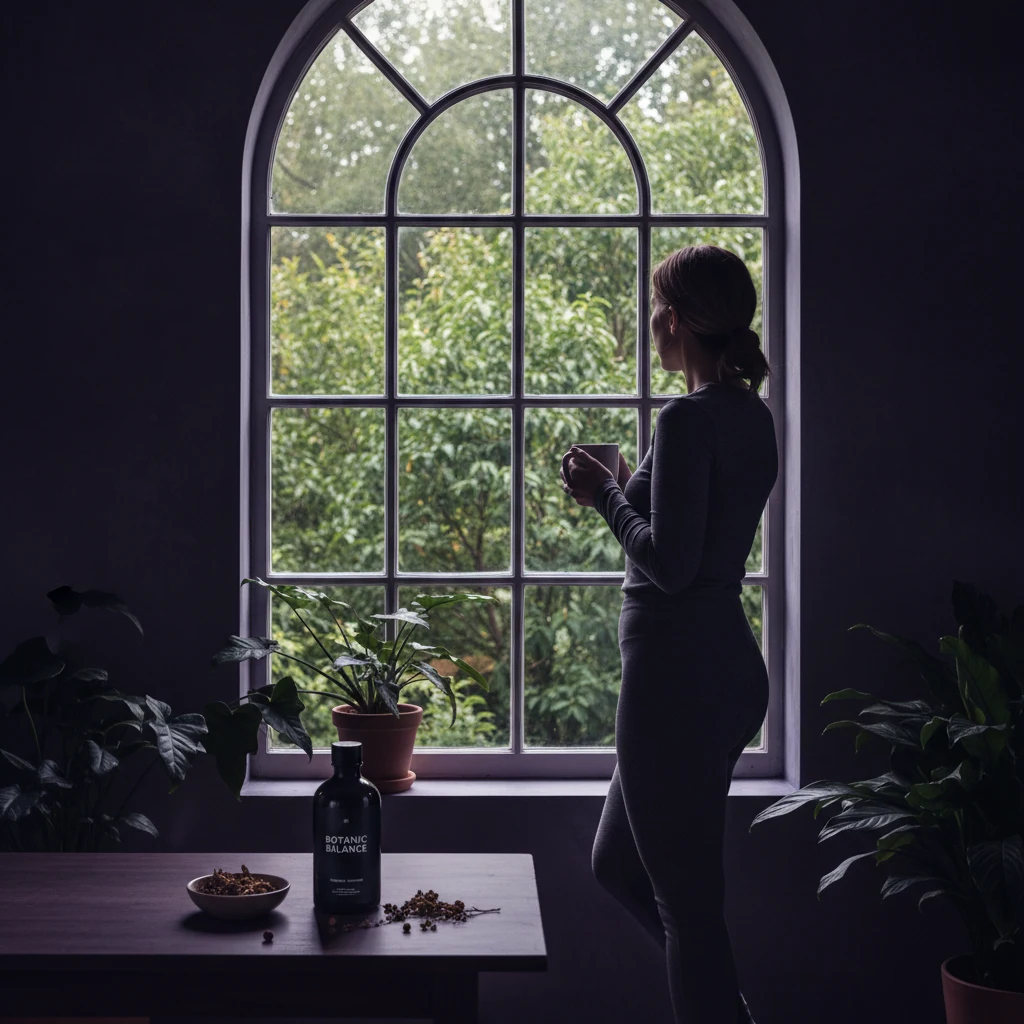 Anonymous person seen from behind looking through a bright window while holding a warm mug, morning active lifestyle