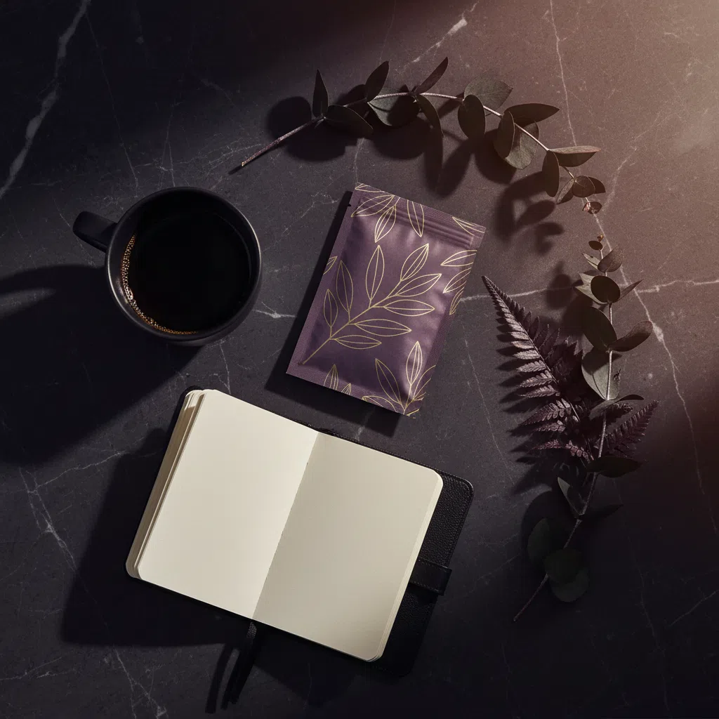 Flat lay of a morning wellness routine: coffee cup, supplement sachet, notebook and botanical leaves on dark marble surface